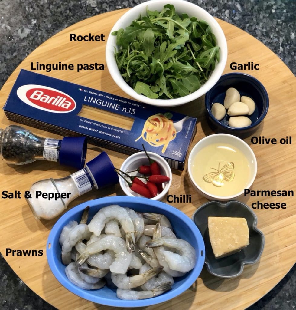 Ingredients for garlic chilli prawn pasta

