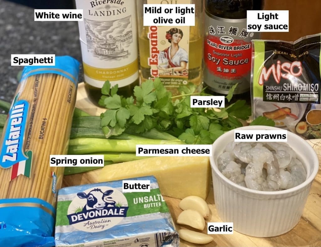 ngredients for Butter Soy Pasta with Prawns and Miso
