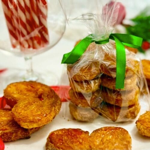 Christmas gift wrapped brown sugar palmiers in festive ribbons